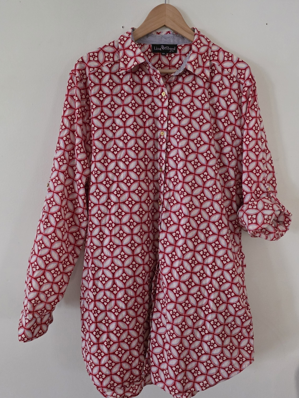 Liza Byrd Red, White and Blue Geometric Cane Button-Up Coastal Americana Retro‎
